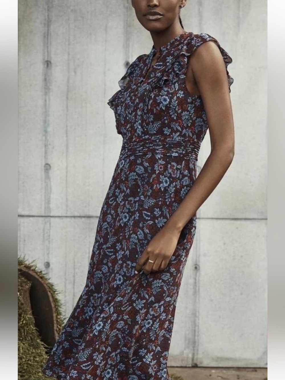 Banana Republic Burgundy Floral Midi Dress with Blue Accents